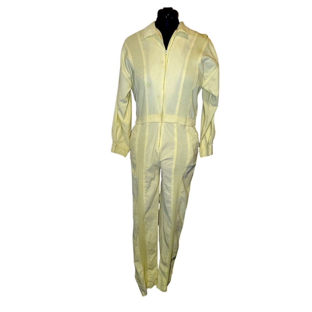 Vintage SAINT GERMAIN Corduroy JUMPSUIT Ladies 44 Pale Yellow Zip-Up Coveralls